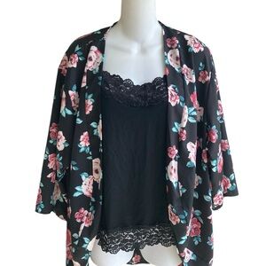 Topia Black Multi Floral Open Shrug Kimono 3/4 Sleeves Ladies One Size